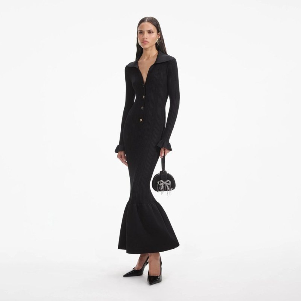 NWT Self-Portrait Black Ribbed Knit Fluted Midi Dress $555‎ - Size Small - Picture 4 of 16